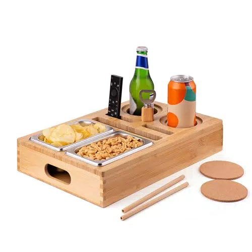 Couchbar aus Bambus mit Snackhalter und Getränkehalter - Praktisches Sofa-Tablett