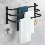 Badetuchhalter mit Haken, Selbstklebend, 3-stöckig, Schwarz, Aluminium, Wasserdicht