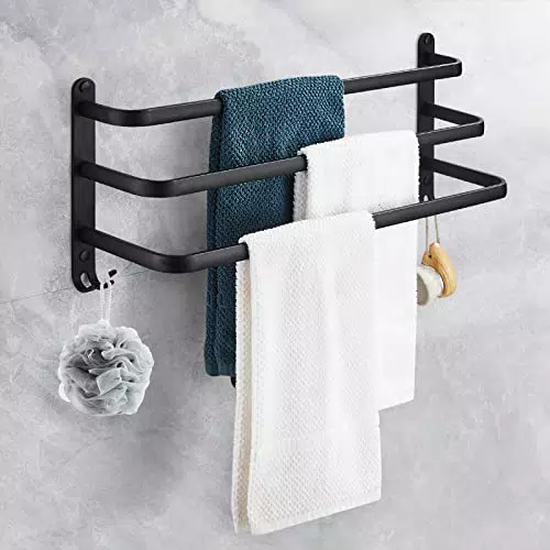 Badetuchhalter mit Haken, Selbstklebend, 3-stöckig, Schwarz, Aluminium, Wasserdicht