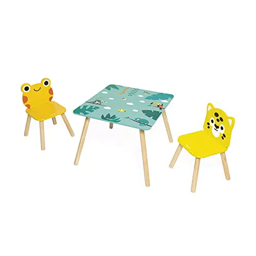 Janod Kindermöbel Set: Holztisch und 2 Stühle - Frosch und Jaguar Design - Wasserfarbe - Ab 3 Jahre