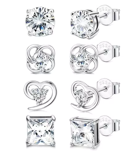 "JeweBella Zirkonia Ohrstecker Set Silber 925 für Damen und Herren - Hypoallergen - Brillante Ohrringe Rund, Quadratisch, Herz - Simulated Diamond"
