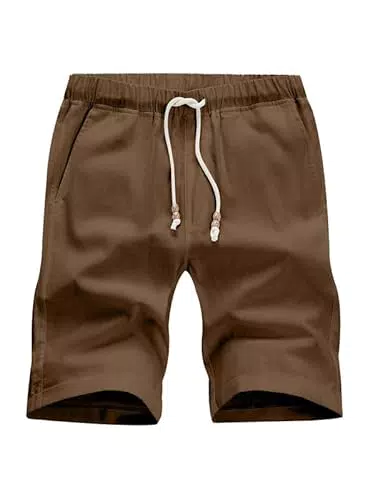 Herren Shorts aus Leinen und Baumwolle mit elastischer Taille und Taschen - Braun