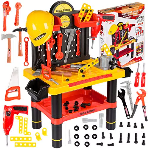 Kinderplay Werkbank mit batteriebetriebener Bohrmaschine und Helm - Kinderwerkbank mit Werkzeugbank und Zubehör.