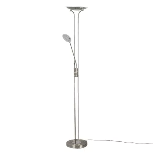 Stehlampe LINDBY LED dimmbar aus Glas und Metall, nickel satiniert - Wohnzimmer, Esszimmer, Schlafzimmer - warmweißes LED Leuchtmittel, verstellbarer Lesearm