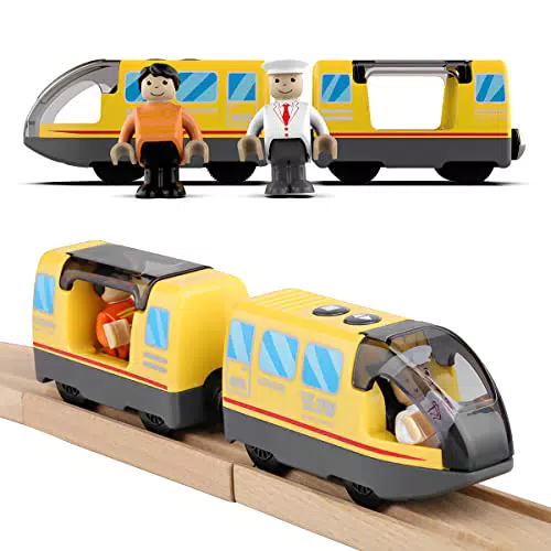 Elektrische Holzeisenbahn Lokomotive - Kompatibel mit Thomas, Brio, Chuggington - Spielzeug für Kinder - Gelb