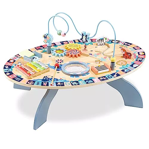 Lernspielzeug Lerntisch aus Holz für Kinder ab 6 Monaten - Interaktiver Tisch mit Becken, Trommel, Labyrinth und beweglichen Elementen