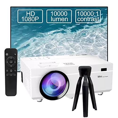 Beamer Full HD 1080P 10000 Lumen Unterstützung 4K - LED Heimkino 300'' Display - Kompatibel mit Laptop, TV-Stick, HDMI, VGA, USB - Weiß
