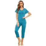 Schlafanzug Damen Kurzarm Pyjama Capri mit V-Ausschnitt und Caprihose - Weiche Nachtwäsche mit Spitzendekoration