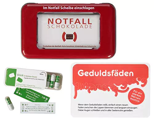 "Liebeskummerpillen Geschenk-Set: Notfallschokolade, Fruchtgummi Geduldsfäden und Glück"