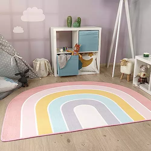 Paco Home Kinderteppich Rund Spielmatte Babymatte Waschbar Sonne Regenbogen Schriftzug Motiv