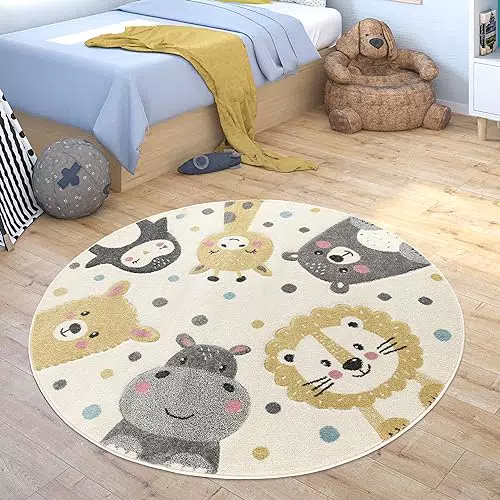 Kinderzimmer Teppich Paco Home Spielteppich Zootiere Rund Modern - Waschbar