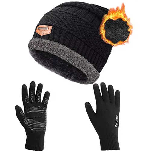 Petrunup Hat Circle Schal und Handschuhe Set Herren Damen Touchscreen Handschuhe Nackenwärmer Slouch Mütze Schwarz
