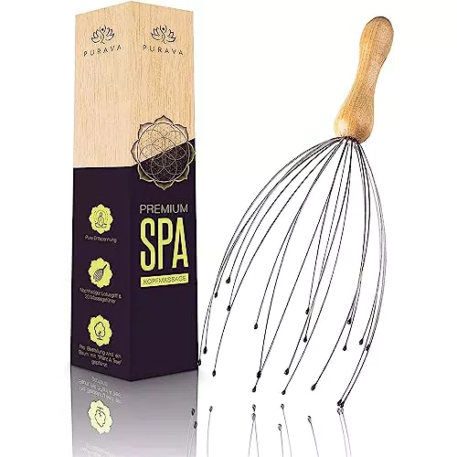PURAVA Holz Kopfmassagegerät mit verbessertem Konzept - Edler Kopfkrauler mit 20 Fingern - Premium Kopfmassage Spinne