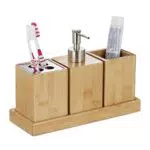 Badaccessoires Set aus Bambus: Seifenspender, Zahnputzbecher, Zahnbürstenhalter mit Schale