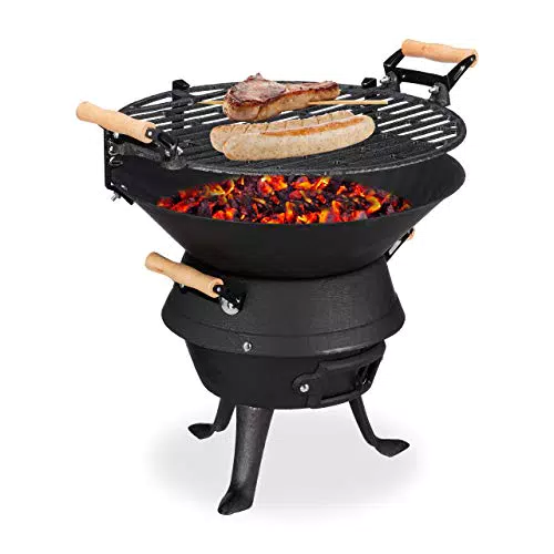 Grillfass Gusseisen mit höhenverstellbarem Grillrost und Belüftung - Fassgrill für Holzkohle