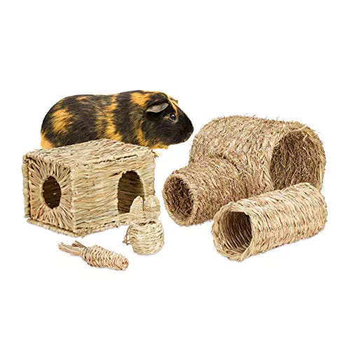 Relaxdays Natur Kaninchen Stroh Haus Tunnel Spielzeug Zubehör - 100% Pflanzenfaser - Kleintier Set