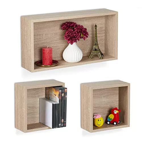 Wandregal Set aus 3 Holzoptik-Würfeln, rechteckig & quadratisch, Schweberegal - Natur