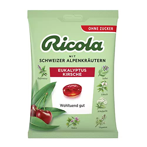 Ricola Eukalyptus Kirsche Schweizer Kräuter-Bonbons mit 13 Alpenkräutern & fruchtiger Kirsche, zuckerfrei