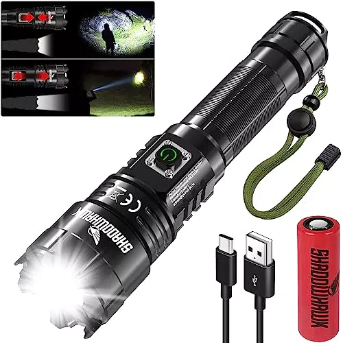 Shadowhawk LED Taschenlampe aufladbar - Extrem hell, 20000 Lumen, taktische Taschenlampe mit 5 Lichtmodi, wasserdicht IP67, zoombar - ideal für Camping, Wandern und Notfälle.