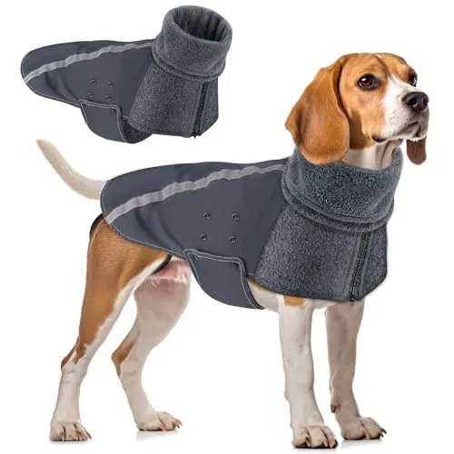 SlowTon Winter Hundemantel, Warmes Polarfleece Futter Hunde Outdoor Jacke mit Rollkragen Schal Reflektierende Streifen Verstellbare wasserdichte Winddichte Outfits für Kleine Mittelgroße Hunde
