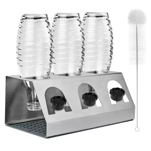 Flaschenhalter aus Edelstahl für Sodawasserflaschen - Abtropfgestell mit Bürste und Matte