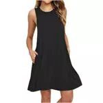 Sommerkleid Damen Elegant Rundhals Strandkleid Knielang Swing Freizeitkleid Tankkleid Tshirt Kleid Schwarz