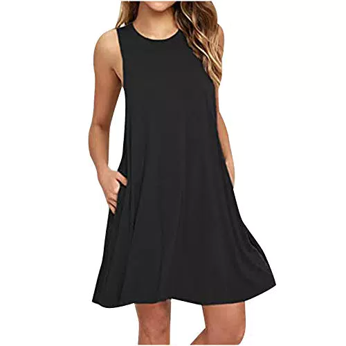 Sommerkleid Damen Elegant Rundhals Strandkleid Knielang Swing Freizeitkleid Tankkleid Tshirt Kleid Schwarz