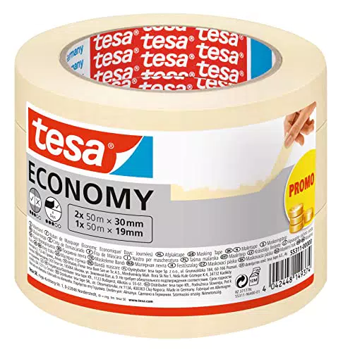 Tesa Malerband ECONOMY - Vielseitiges Klebeband für Malerarbeiten - Rückstandslos entfernbar - 2 x 50m x 30mm + 1 x 50m x 19mm