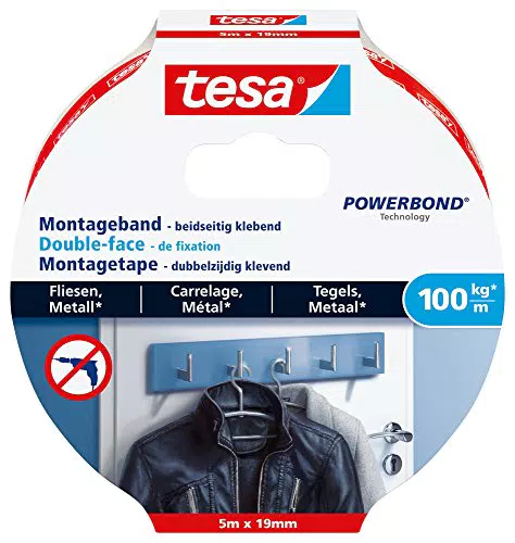 Tesa Powerbond Montageband für Fliesen & Metall - Extra Stark, 100 kg Haltekraft pro Meter - Doppelseitiges Montageklebeband - 5 m x 19 mm