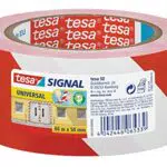 Tesa Markierungsklebeband UNIVERSAL - selbstklebendes Warnband zur Markierung von Gefahrenzonen - robustes PP - 66 m x 50 mm - Rot / Weiß.