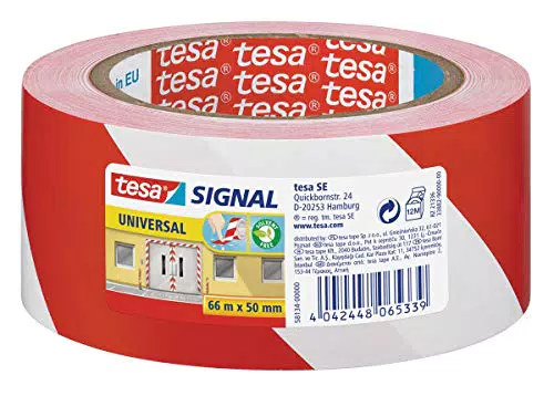 Tesa Markierungsklebeband UNIVERSAL - selbstklebendes Warnband zur Markierung von Gefahrenzonen - robustes PP - 66 m x 50 mm - Rot / Weiß.