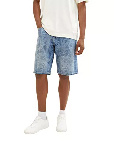 TOM TAILOR Herren 1036298 Relaxed Fit Jeans Bermuda Shorts mit Palmen-Print