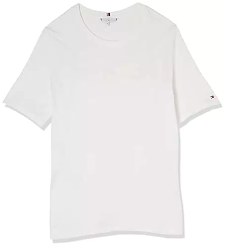 Tommy Hilfiger Damen Strickoberteil mit Rundhalsausschnitt und Kurzarm, Weiß