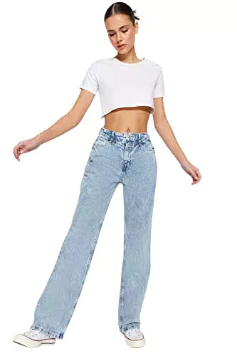 Trendyol Damen Jeans mit hohem Bund und weitem Bein, Blau