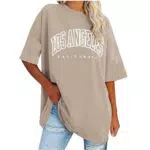 UHouse Damen T-Shirt Basic Grafik Los Angeles Baumwolle Rundhals Oversize Blusenshirt - Khaki-Angebote