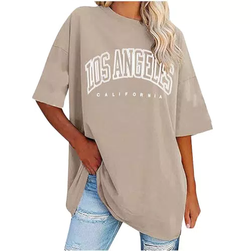 UHouse Damen T-Shirt Basic Grafik Los Angeles Baumwolle Rundhals Oversize Blusenshirt - Khaki-Angebote