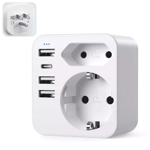 Adapter USA Deutschland mit 3 USB, 1 USB C und 2 Steckdosen - Weiß