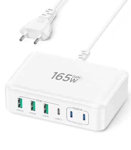 USB C Ladegerät mit 165W Leistung für iPhone, iPad und Samsung - 6-Port Schnellladegerät mit 3 USB-C und 3 USB-A Ports