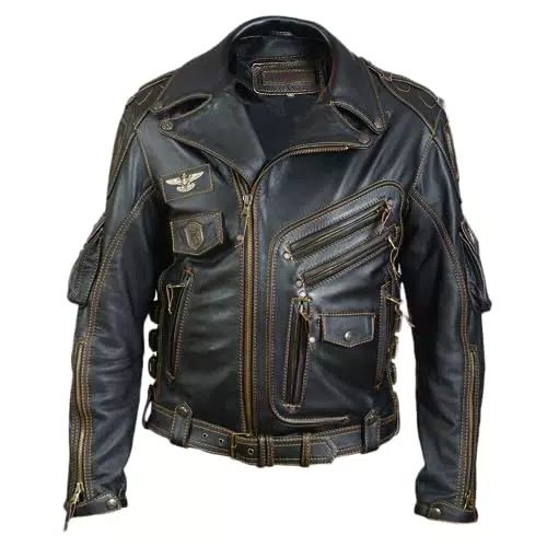 Echtes Lederjacke Herren - Motorradjacke Bikerjacke mit vielen Taschen - Stylische Herrenjacke Größe M.