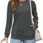Oberteile Damen Rundhalsausschnitt Langarmshirts Plissee Ärmel Pullover Herbst mit Taschen Grau