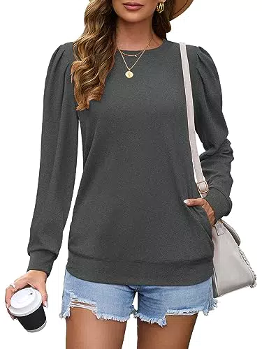 "Oberteile Damen Rundhalsausschnitt Langarmshirts Plissee Ärmel Pullover Herbst mit Taschen Grau"