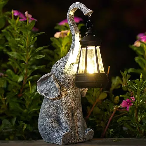Solar Elefanten Deko Gartenfigur mit LED Solarlampe für Balkon und Garten - Geschenkidee für Geburtstag - Grau