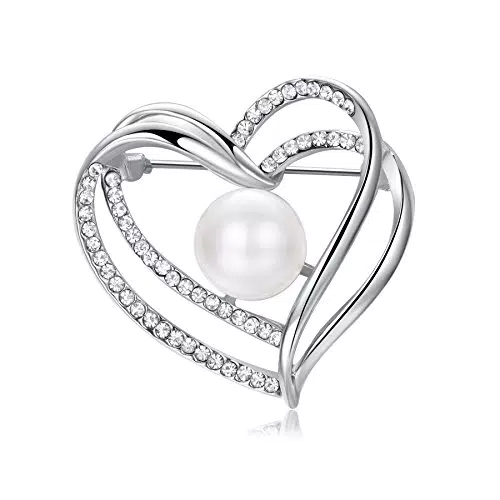 Herzform Brosche von Yoursfs - Weißgold Vergoldet mit Künstlichen Diamanten und Perlen - Ideales Geschenk für Damen, Frauen, Mädchen - Valentinstag oder Geburtstag