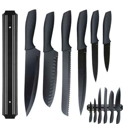 Messer Set mit Santoku, Koch- und Gemüsemesser aus Edelstahl - Soft-Touch-Griffe - Magnetischer Messerhalter