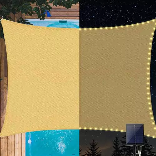 Sonnensegel mit LED-Solar-Lichterkette für Terrasse und Garten - 98% UV-Schutz