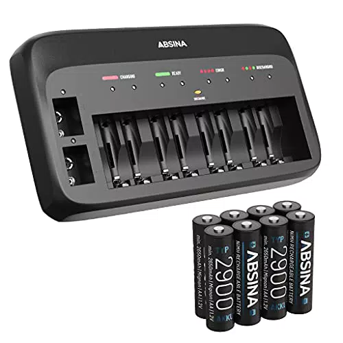 ABSINA Akku Ladegerät X10 für AA, AAA & 9V - Akkuladegerät inkl. 8X AA 2900 Akkus - NiMH Ladegerät 10-Fach für wiederaufladbare Micro AAA
