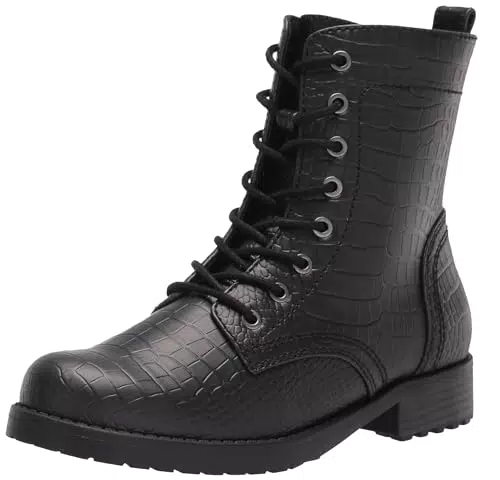 Amazon Essentials Damen Kampfstiefel mit Schnürung, Schwarz Krokodilaufdruck