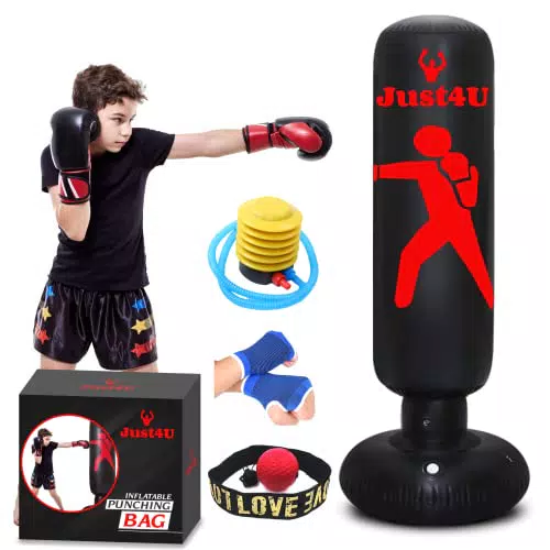Aufblasbarer Boxsack mit Reflexball und Boxhandbandagen - Ideal für Indoor und Outdoor Kampfsportübungen