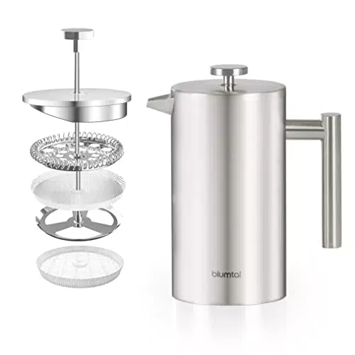 Blumtal French Press aus Edelstahl - Thermo Kaffeebereiter doppelwandig isoliert - inkl. Ersatzfilter & Anleitung - Spülmaschinengeeignet