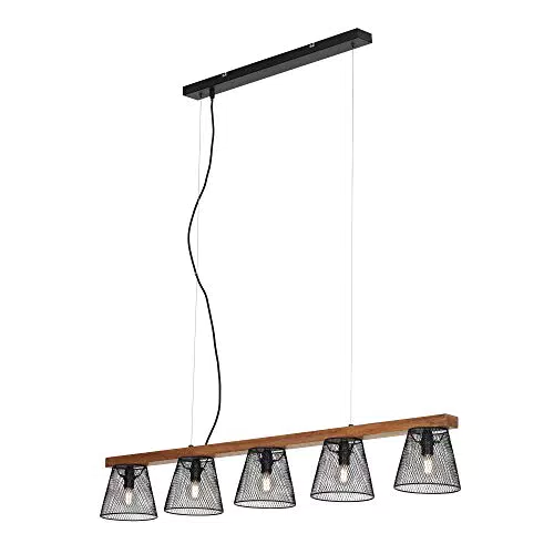 BRILONER Leuchten Pendelleuchte 5-flammig Retro Vintage höhenverstellbar Gitteroptik E14 25 Watt Metall-Holz Schwarz